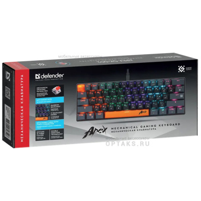 Клавиатура проводная игровая механическая DEFENDER Apex GK-002 RU,3цв/черн,радуж,61к,крас,св (1/18)