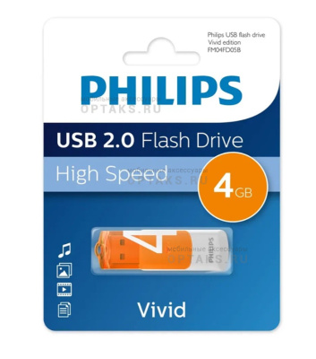 Флешка USB 4 Гб Philips VIVID2.0, USB2.0, белый, оранжевый
